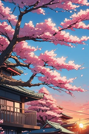  high details, high qualitt, beautiful, awesome, wallpaper paint art, Sakura blossom tokyo, sunset