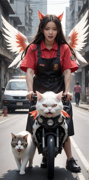 open mouth, ,long hair, 1 zombie girl , holding, red shirt,  focus, outdoors, teeth, apron, animal, (((fat, white, cat,wings))), ground vehicle, motor vehicle,ufo,,big goldfish, realistic, road, holding animal, street, photo background 