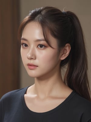 beautiful korean mix french girl, 30 years old. Average body, bright honey eyes with sharp size, full lips, long eyelashes. Black, ponytail, soul and spiritual mentor. T-Shirts,cinematic,photorealistic,masterpiece,1 girl ,best quality, sharp_nose, half_body,enchant3d