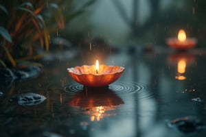 heyun, Depth of Field, Outdoor, Reflection, top view on spa water pond, one big candle, raining Landscape, Landscape,(masterpiece:1.2),best quality,highres,extremely detailed CG,perfect lighting,8k wallpaper