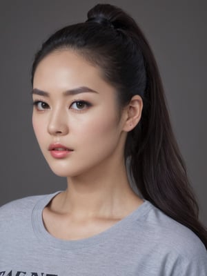 beautiful korean mix french girl, 30 years old. Average body, bright honey eyes with sharp size, full lips, long eyelashes. Black, ponytail, soul and spiritual mentor. T-Shirts,cinematic,photorealistic,masterpiece,1 girl ,best quality, sharp_nose, half_body