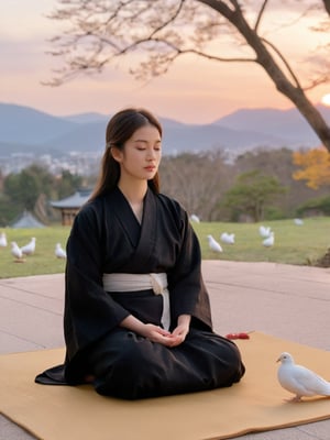 A serene Japanese temple setting at dusk, korean mix french girl in black robes sits cross-legged on a tatami mat, eyes closed in meditation. Soft golden light of the sunset casts a warm glow on her tranquil face. Above, a pair of white doves flutter peacefully amidst the evening sky's subtle hues, as if reflecting the monk's serene state. Sakura, hd, extra detailed