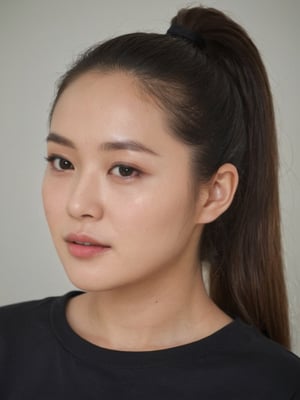 pretty korean mix french girl, 30 years old. Average body, bright honey eyes with sharp size, full lips, long eyelashes. Black, ponytail, soul and spiritual mentor. T-Shirts,cinematic,photorealistic,masterpiece,1 girl ,best quality