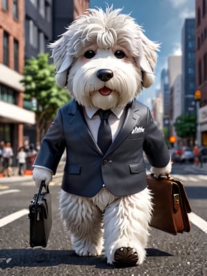 Cute Old English Sheepdog who plays human, Wear a suit, sunglasses, and carry a briefcase,Create a characterset of stunning 3D chibi style character in detailed full body, highly detailed, vibrant, ultra high quality, Hyperrealism, Photorealism, [octane render],Walking on the city road