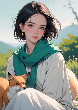 create a realistic, humanized version of the main character of the book "The Little Prince" (Le Petit Prince) from the classic book written by Saint-Exupéry, with his royal clothes and his yellow scarf, accompanied by his fox friend, sitting on a green mountain, watching the stars, delicate detailing,subtle texture,soft-focus effect,soft shadows,minimalist aesthetic,gentle illumination,elegant simplicity,serene composition timeless appeal,visual softness,extremely high quality high detail RAW color photo,professional lighting,sophisticated color grading,sharp focus,soft bokeh,striking contrast,dramatic flair,depth of field,seamless blend of colors,CGI digital painting,cinematic still 35mm,CineStill 50D,800T,natural lighting,shallow depth of field,crisp details,hbo netflix film color LUT,32K,UHD,HDR,film light,panoramic shot,breathtaking,hyper-realistic,ultra-realism,high-speed photography,perfect contrast,award-winning phography,directed by lars von trie ,greg rutkowski,more detail XL