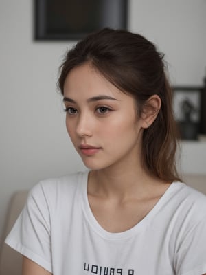 pretty french mix japanese girl in malaysia, 30 years old. Average body, bright honey eyes with sharp size, full lips, long eyelashes. Black, ponytail, soul and spiritual mentor. T-Shirts,cinematic,photorealistic,masterpiece,1 girl ,best quality