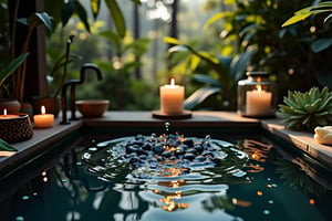 Realistic wide-angle advertising close-up photo of a clearing, drops of water flow down it, the clearing stands in the dark spa and is surrounded big candle, a slightly blurry forest in the background, atmosphere of calm, amazement and summer heat, bright midday sky light, bright contrasting tones to highlight the 3D style, very detailed image, high contrast, photorealism, HD (quality), 16k (photo resolution)