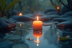 heyun, Depth of Field, Outdoor, Reflection, top view on spa water pond, one big candle, raining Landscape, Landscape,(masterpiece:1.2),best quality,highres,extremely detailed CG,perfect lighting,8k wallpaper