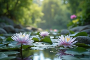 heyun, Depth of Field, Lotus, Outdoor, Reflection, river Water, stones around, Landscape, Landscape,(masterpiece:1.2),best quality,highres,extremely detailed CG,perfect lighting,8k wallpaper