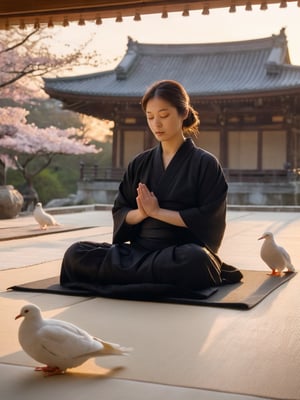 A serene Japanese temple setting at dusk, as a gentlewoman in black robes sits cross-legged on a tatami mat, eyes closed in meditation. Soft golden light of the sunset casts a warm glow on her tranquil face. Above, a pair of white doves flutter peacefully amidst the evening sky's subtle hues, as if reflecting the monk's serene state. Sakura, hd, extra detailed