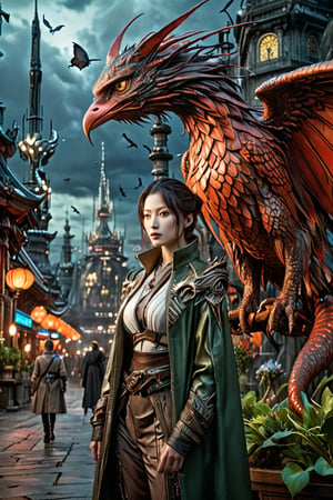best quality,4k,8k,highres,masterpiece:1.2,ultra-detailed,realistic:1.37,HDR,UHD,studio lighting,ultra-fine painting,sharp focus,physically-based rendering,(Yoshitaka Amano style:1.1), A nordic woman and her guardian familiar, mystical creature,otherworldly creature,kaiju-like,enchanting companions,wearing stylish futuristic clothes,inspired by Phantasy Star Online,action shot,dynamic poses, (The woman, with her eyes brightly colored, no makeup and her nordic facial features elegantly detailed, adding to her allure. Dressed in elegant casual clothes with a stylish futuristic jacket.), (She is accompanied by a guardian, a phoenix and bat mixed creature with exquisite anatomical features resembling a cosmic horror. The creature's presence adds a sense of wonder and magic to the scene.), (The woman and her companion stand in a dark and gothic city, a modern metropolis with surreal plants, and vibrant signs. The colors are vibrant, with a mixture of dark browns, olive, and pale reds creating a dreamlike atmosphere.), (The lighting is soft but illuminating, casting a gentle glow on both the woman and the creature.), (The overall composition has a realistic and photorealistic quality, capturing the essence of the scene in intricate detail.), (The art style is inspired by Yoshitaka Amano, known for his ethereal and otherworldly illustrations. The combination of realistic elements with the artist's unique style creates a captivating and visually stunning image.),Greg Rutkowski