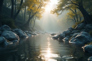 heyun, Depth of Field, Outdoor, Reflection, top view on river Water flowing, river stones around, raining Landscape, Landscape,(masterpiece:1.2),best quality,highres,extremely detailed CG,perfect lighting,8k wallpaper