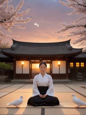 A serene Japanese temple setting at dusk, as a gentlewoman in black robes sits cross-legged on a tatami mat, eyes closed in meditation. Soft golden light of the sunset casts a warm glow on her tranquil face. Above, a pair of white doves flutter peacefully amidst the evening sky's subtle hues, as if reflecting the monk's serene state. Sakura, hd, extra detailed,disney pixar style