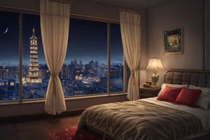 sky, indoors, pillow, no humans, window, bed, night, table, curtains, building, box, night sky, christmas, scenery, gift, chinese text, lamp, candle, cityscape, christmas tree, christmas ornaments, candlestand, fireplace