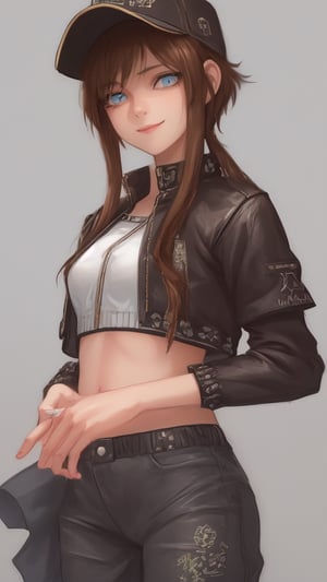 4k,best quality,masterpiece,1girl,(cropped jacket),(demin pant), smile,baseball cap,

(Beautiful and detailed eyes),
Detailed face, detailed eyes, double eyelids ,thin face, real hands,
((short hair with long locks:1.2)),brown-hair, white background,


real person, color splash style photo,
