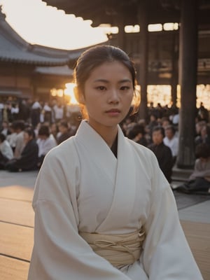 Sensoji Temple, pretty sunset, Soft golden light of the sunset casts a warm glow on her tranquil face, white doves flutter peacefully amidst the evening sky's, pretty korean mix french girl black robes sits cross-legged on a tatami mat, eyes closed in meditation, 30 years old. Average body, bright honey eyes with sharp size, full lips, long eyelashes. Black, ponytail, soul and spiritual mentor, extra photorealisctic, extra detailed, HD.