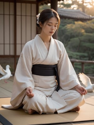 A serene Japanese temple setting at dusk, as a beautiful  korean mix french girl in black robes sits cross-legged on a tatami mat, eyes closed in meditation. Soft golden light of the sunset casts a warm glow on her tranquil face. Above, a pair of white doves flutter peacefully amidst the evening sky's subtle hues, as if reflecting the monk's serene state. Sakura, hd, extra detailed,mj