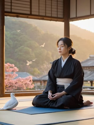 A serene Japanese temple setting at dusk, as a beautiful  korean mix french girl in black robes sits cross-legged on a tatami mat, eyes closed in meditation. Soft golden light of the sunset casts a warm glow on her tranquil face. Above, a pair of white doves flutter peacefully amidst the evening sky's subtle hues, as if reflecting the monk's serene state. Sakura, hd, extra detailed,mj