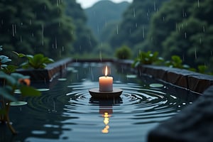 heyun, Depth of Field, Outdoor, Reflection, top view on spa water pond, one big candle, raining Landscape, Landscape,(masterpiece:1.2),best quality,highres,extremely detailed CG,perfect lighting,8k wallpaper