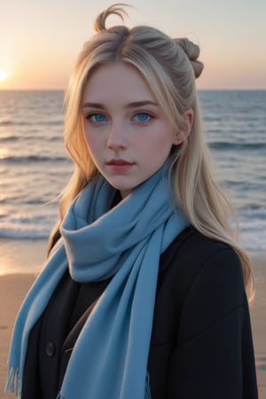 1girl, solo, looking at viewer, blonde, long hair, blue eyes, upper body, parted lips, bun, scarf, lips, coat, sunset, black scarf, sea, beach, surreal, 8K