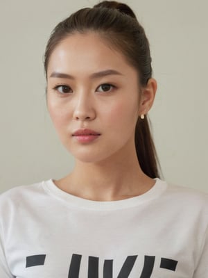 pretty french mix korean girl, 30 years old. Average body, bright honey eyes with sharp size, full lips, long eyelashes. Black, ponytail, soul and spiritual mentor. T-Shirts,cinematic,photorealistic,masterpiece,1 girl ,best quality