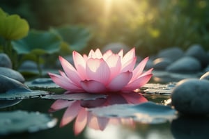 heyun, Depth of Field, Lotus, Outdoor, Reflection, river Water, stones around, Landscape, Landscape,(masterpiece:1.2),best quality,highres,extremely detailed CG,perfect lighting,8k wallpaper