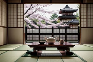 indoor, japanese style living room, no humans, fences window, street, reflection, living house, tatami, table,  warm color, realistic, Dream House, tea_pot, purple bamboo, sakura, EpicHouse, materpeiece, in 8K resolution