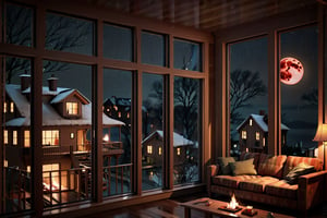 indoors, sky, night, no humans, window, street, fireplace, reflection, living house, sofa, railing, houses, treehouse, warm color, realistic, moon, ocean, chirstmans night