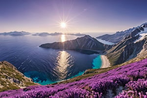 natural beatiful scene, hight view, mountain, blue sky, sun, masterpiece, photorealistic, landscape, violet sea, HD, 16K