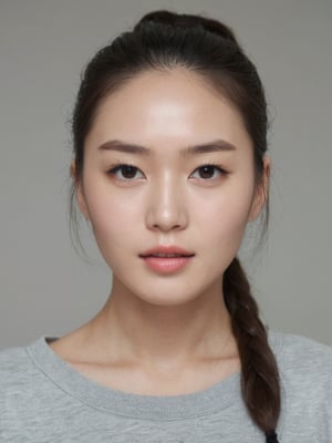 pretty korean mix french girl, 30 years old. Average body, bright honey eyes with sharp size, full lips, long eyelashes. Black, ponytail, soul and spiritual mentor. T-Shirts,cinematic,photorealistic,masterpiece,1 girl ,best quality