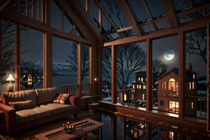 indoors, sky, night, no humans, window, street, fireplace, reflection, living house, sofa, railing, houses, treehouse, warm color, realistic, moon, ocean, chirstmans night
