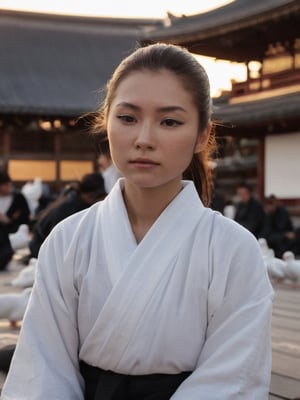Sensoji Temple, pretty sunset, Soft golden light of the sunset casts a warm glow on her tranquil face, white doves flutter peacefully amidst the evening sky's, pretty korean mix french girl black robes sits cross-legged on a tatami mat, eyes closed in meditation, 25 years old. Average body, bright honey eyes with sharp size, full lips, long eyelashes. Black, ponytail, soul and spiritual mentor, extra photorealisctic, extra detailed, HD.,photorealistic