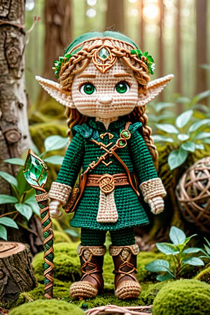 a young male elf wearing a forest green tunic, handcrafted leather boots, golden-brown braided hair with leaf accents, delicate elven ears, emerald eyes, holding a wooden staff with a crystal orb, in a mystical forest with glowing plants, intricate details, ultra sharp, crocheted