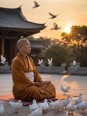 Japanese temple, monk, meditate, sunset, white doves, evening, tranquility, peace