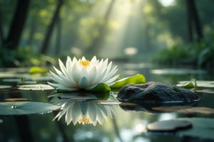 heyun, Depth of Field, Lotus, Outdoor, Reflection, river Water, stones around, Landscape, Landscape,(masterpiece:1.2),best quality,highres,extremely detailed CG,perfect lighting,8k wallpaper