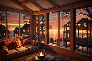 indoors, sky, sunset, no humans, window, street, fireplace, reflection, living house, sofa, railing, houses, treehouse, warm color, realistic, ocean, chirstmans night