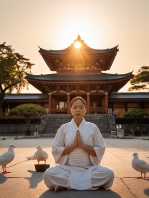 Japanese temple, female monk, meditate, sunset, white doves, evening, tranquility, peace