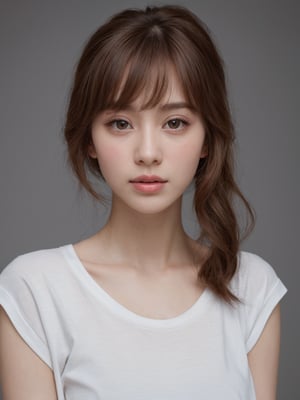 beautiful korean mix french girl, 30 years old. Average body, bright honey eyes with sharp size, full lips, long eyelashes. Black, ponytail, soul and spiritual mentor. T-Shirts,cinematic,photorealistic,masterpiece,1 girl ,best quality, sharp_nose, half_body,enchant3d, 2