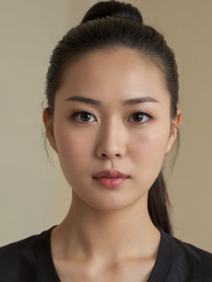 beautiful chinese girl, 30 years old. Average body, bright honey eyes with sharp size, full lips, long eyelashes. Black, ponytail, soul and spiritual mentor. T-Shirts,cinematic,photorealistic,masterpiece,1 girl ,best quality