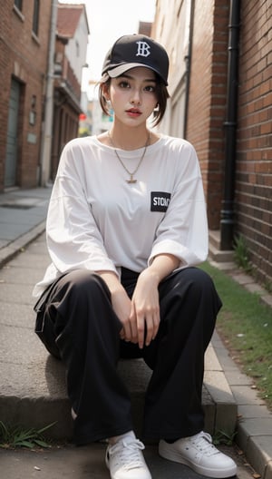 1girl, solo, breasts, brown hair, (medium breasts:1.2), (sitting), hugging, full body, parted lips, front view, kelthy, wearing Oversized white button-down shirt with the sleeves rolled up, Baggy cargo pants with cuffed ankles, Graphic t-shirt peeking out from under the shirt, Baseball cap worn backwards with a bold logo and Layered necklaces with a mix of chains and pendants, Chunky sneakers with a vintage vibe, (Grunge-inspired alleyway with brick walls and graffiti art background