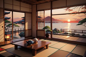 indoors, japanese style living room, sunset, no humans, fences window, street, fireplace, reflection, living house, tatami, table,  warm color, realistic, ocean, high foor condo, Dream House, tea_pot