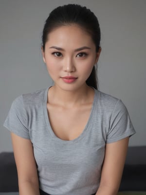 pretty chinese mix girl in malaysia, 30 years old. Average body, bright honey eyes with sharp size, full lips, long eyelashes. Black, ponytail, soul and spiritual mentor. T-Shirts,cinematic,photorealistic