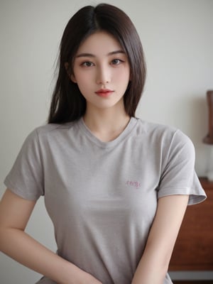 Pretty chinese mix korean girl in malaysia, 30 years old. Average body, bright honey eyes with sharp size, sexy lips, long eyelashes. Black, ponytail, soul and spiritual mentor. T-Shirts,mj,cozy,cinematic,photorealistic