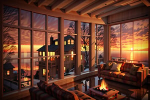 indoors, sky, sunset, no humans, window, street, fireplace, reflection, living house, sofa, railing, houses, treehouse, warm color, realistic, ocean, chirstmans night