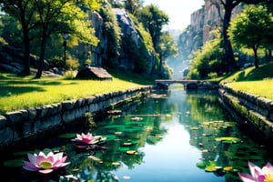 heyun, Depth of Field, Lotus, Outdoor, Reflection, river Water, stones around, Landscape, Landscape,(masterpiece:1.2),best quality,highres,extremely detailed CG,perfect lighting,8k wallpaper