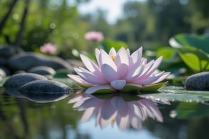 heyun, Depth of Field, Lotus, Outdoor, Reflection, river Water, stones around, Landscape, Landscape,(masterpiece:1.2),best quality,highres,extremely detailed CG,perfect lighting,8k wallpaper