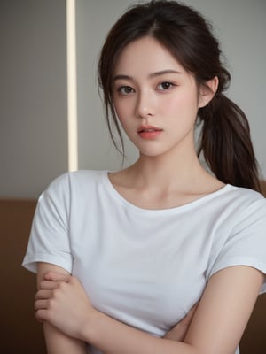 pretty korean mix french girl in malaysia, 30 years old. Average body, bright honey eyes with sharp size, full lips, long eyelashes. Black, ponytail, soul and spiritual mentor. T-Shirts,cinematic,photorealistic,masterpiece,1 girl 