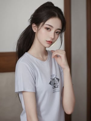pretty korean mix french girl in malaysia, 30 years old. Average body, bright honey eyes with sharp size, full lips, long eyelashes. Black, ponytail, soul and spiritual mentor. T-Shirts,cinematic,photorealistic,masterpiece,1 girl ,best quality