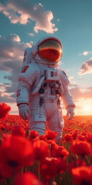 close-up view, from below, Hi-Res, Masterpiece, Best quality, 8k, Art Station, 3d, contemporary art, CG illustration. (An astronaut:1.4), highly reflective mask,  standing in a field of poppy, beautiful skies, blue-red and orange hues, cinematic lighting, 