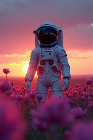 close-up view, Hi Res, Masterpiece, Best quality, 8k, Art Station, 3d, comtemporary art, CG illustration. (An astronaut:1.4) facing the viewer, standing in a field of purple poppy, golden hour, dramatic skies, blue red and orange hues, cinematic lightings, dramatic atmosphere